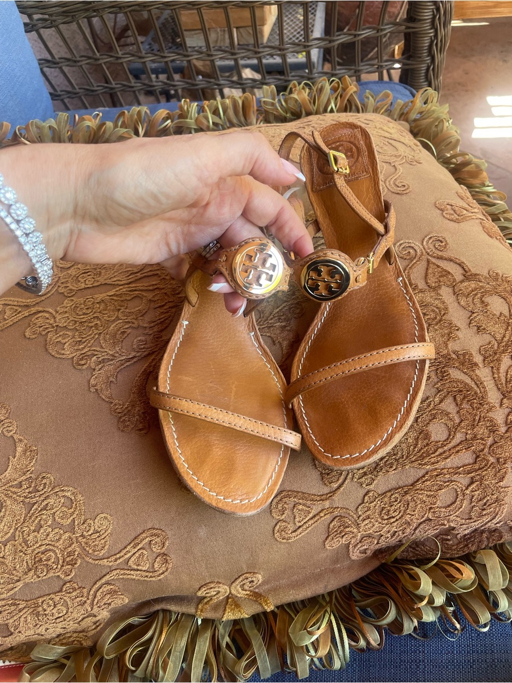 Tory Burch Cognac Leather Logo T-Strap Sandals